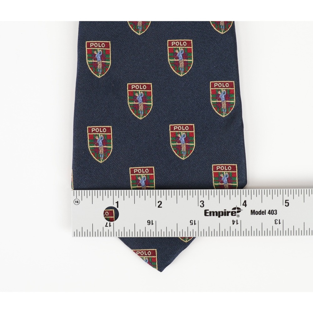 New Polo Ralph Lauren Necktie Navy Blue Silk Golfer Crest Shield USA Vintage - Picture 7 of 9